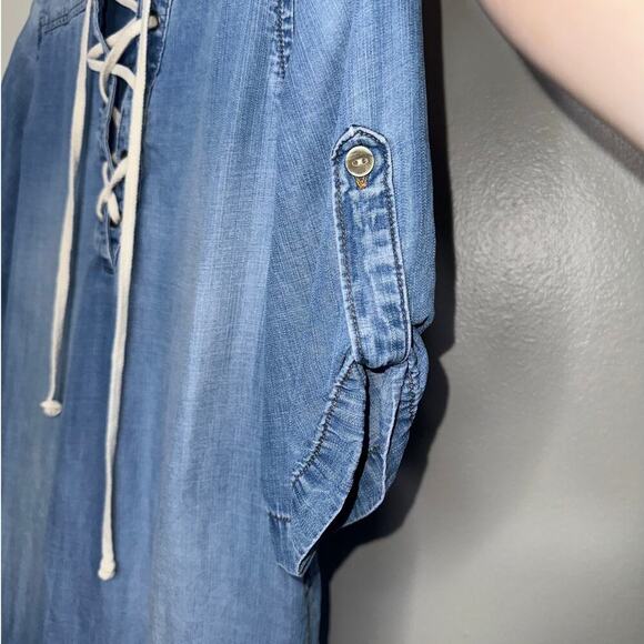 Cloth & Stone Anthropologie Chambray Lace Up Tunic Dress Blue Pockets Size Small - Picture 4 of 6